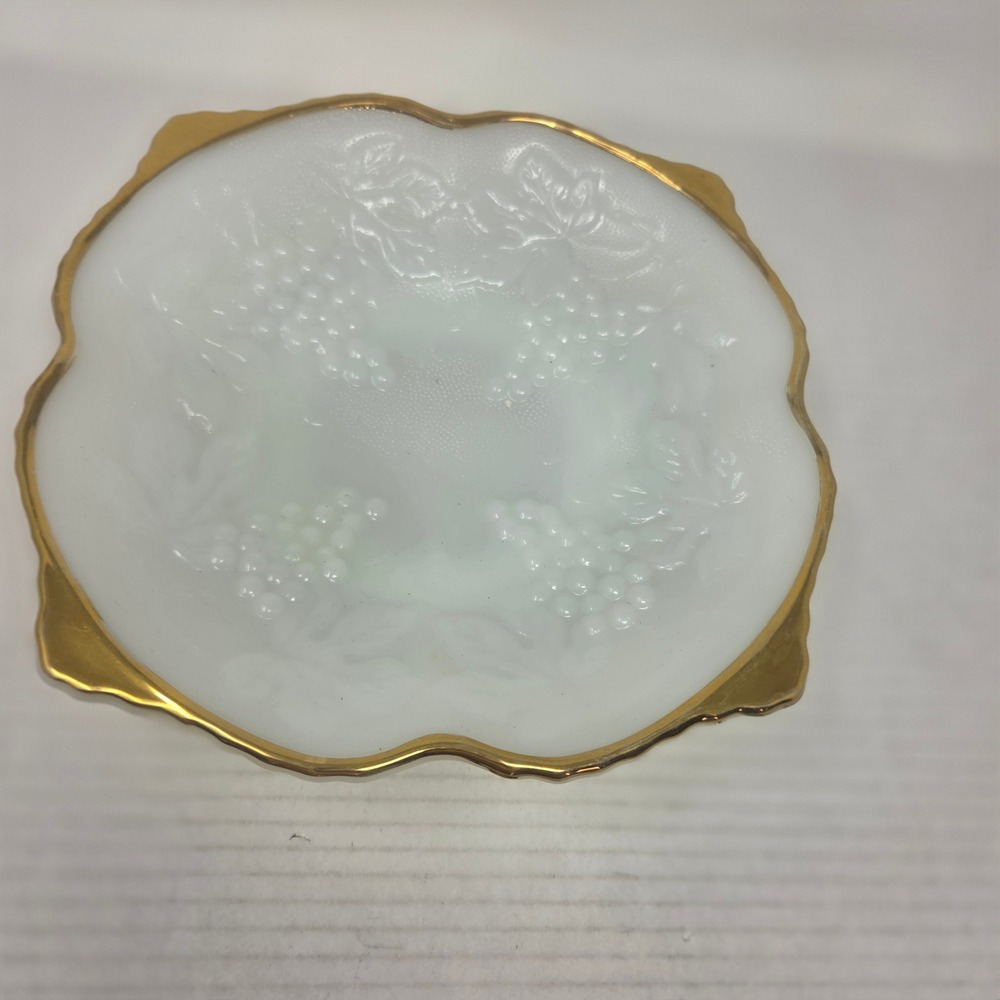 Fire-King Footed Bowl Unisex OS White Grape Leaf Gold Trim MCM Retro 809